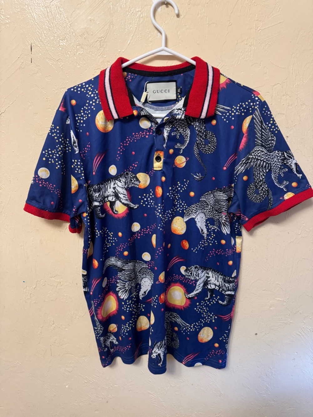 Gucci Navy Polo with Red Trim and Multicolor Planet Print